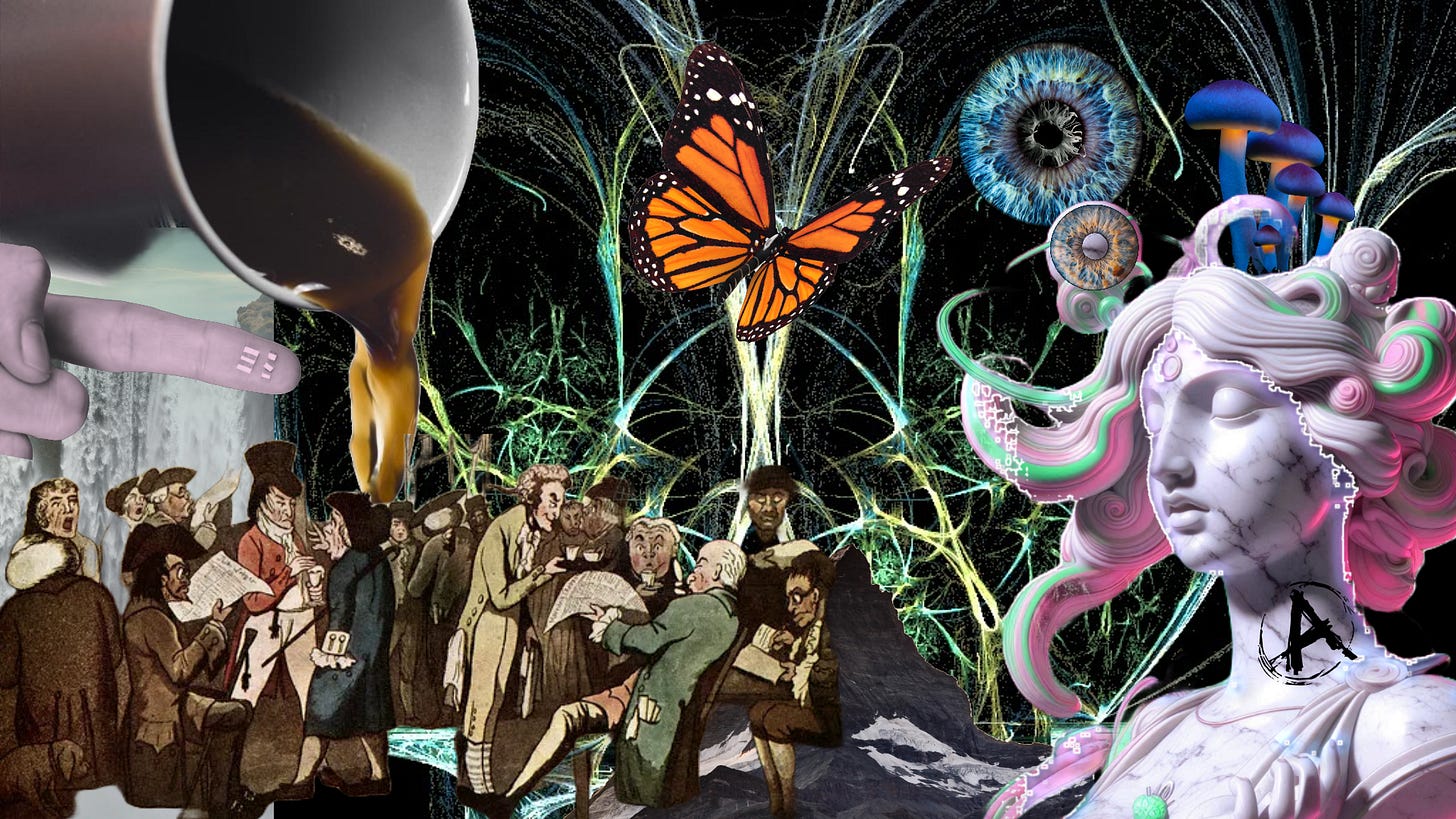 a chaotic digital collage made by the author featuring a butterfly, a scene from a 17th century coffeehouse, an imagined goddess of confusion, and finger presenting a tab of acid a chaotic digital collage made by the author featuring a butterfly, a scene from a 17th century coffeehouse, an imagined goddess of confusion, and finger presenting a tab of acid