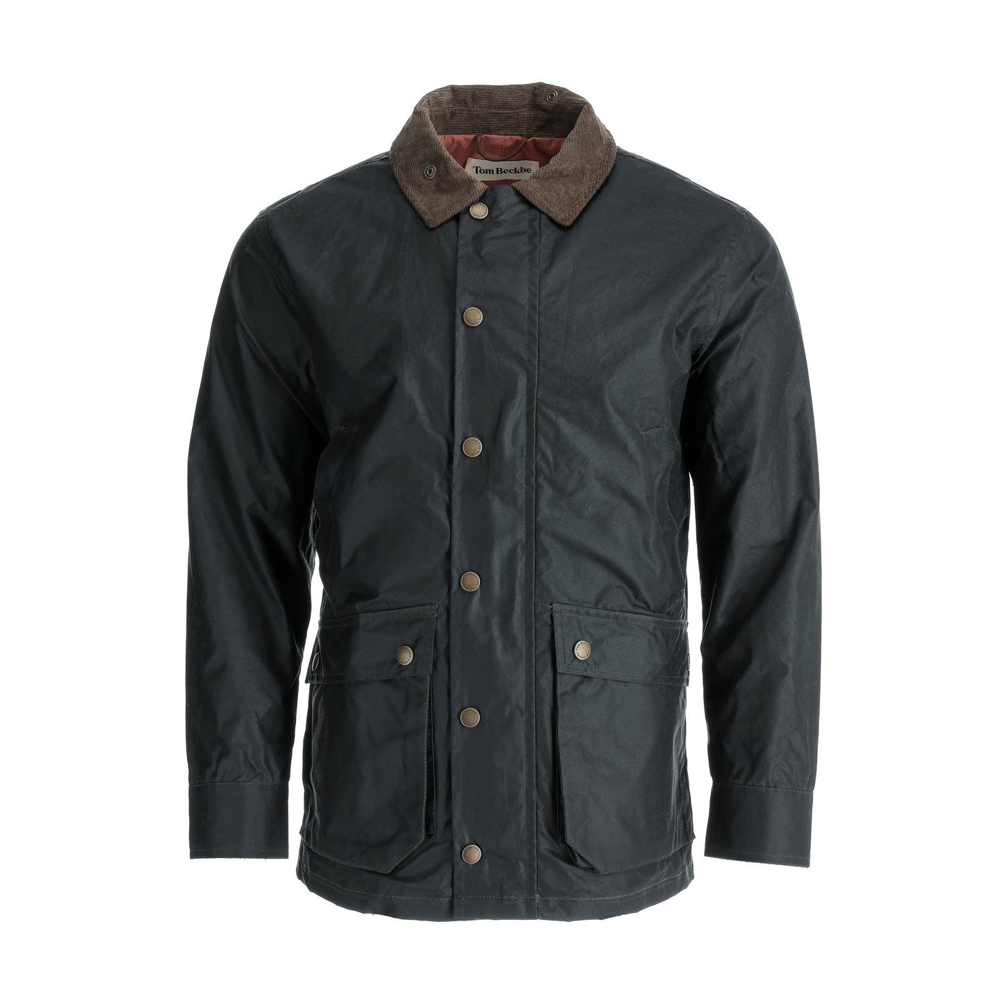 The Tom Beckbe Baldwin Jacket features waxed cotton, a corduroy collar, and snap buttons for stylish weatherproof wear.