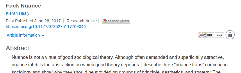 Screenshot of the header of a research  paper by Kieran Healy, 2017, titled "Fuck Nuance".