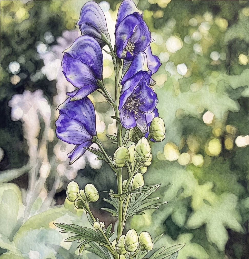 A realistic close-up pen-and-wash study of the garden plant Monkshood against a hazy garden background of dappled sun and shade. A realistic close-up pen-and-wash study of the garden plant Monkshood against a hazy garden background of dappled sun and shade.