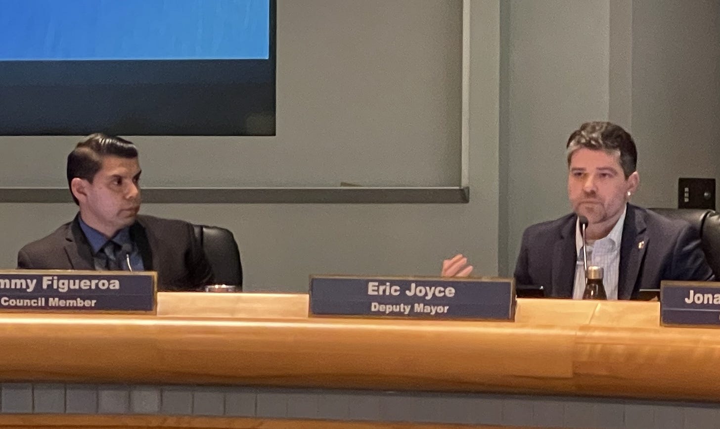 Oceanside Deputy Mayor Eric Joyce, right, speaks about why rent increases should be capped at 5% and supports stricter tenant protections during Wednesday’s City Council meeting. The item stalled but will return to the council at a later date. Steve Puterski photo Oceanside Deputy Mayor Eric Joyce, right, speaks about why rent increases should be capped at 5% and supports stricter tenant protections during Wednesday’s City Council meeting. The item stalled but will return to the council at a later date. Steve Puterski photo
