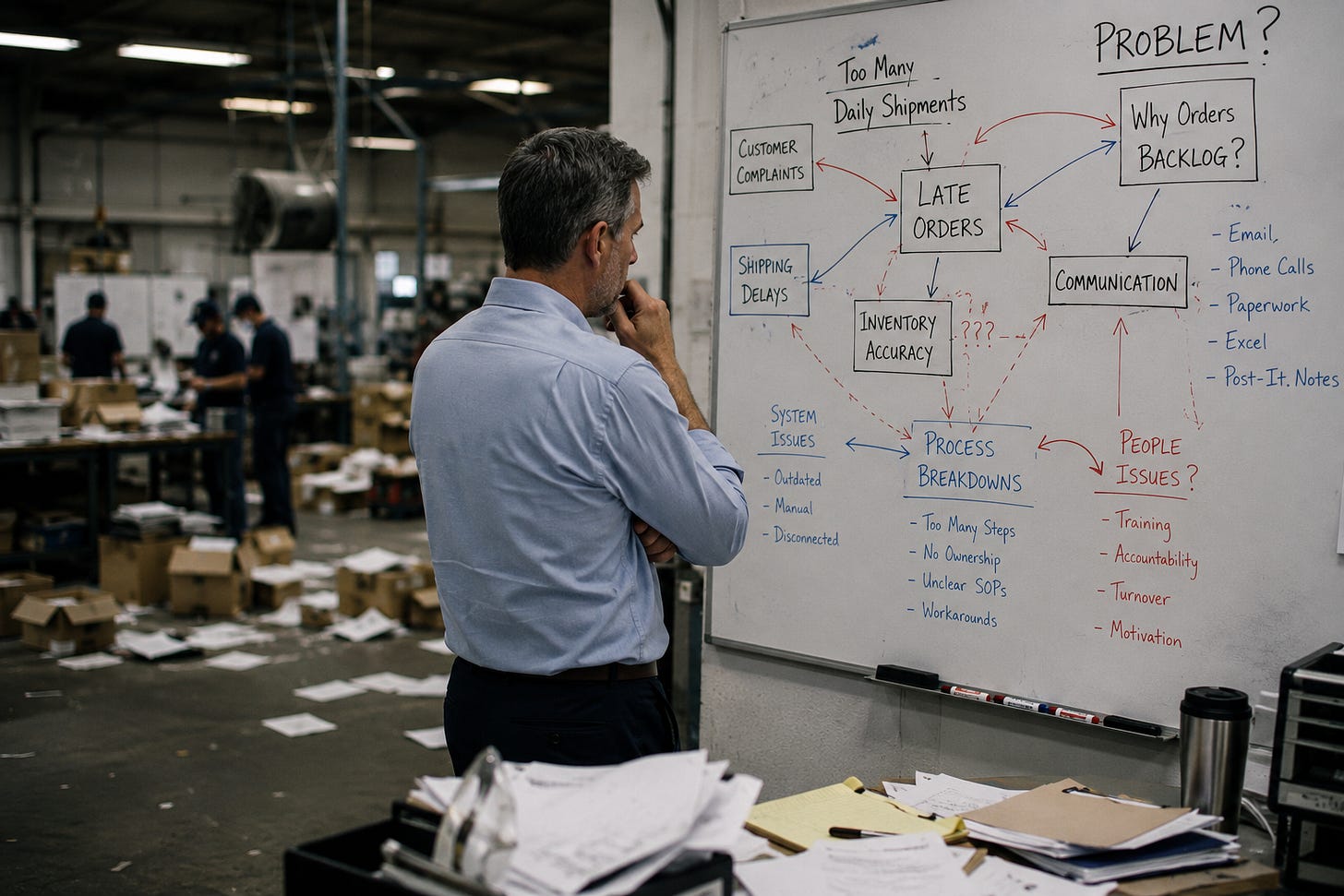 Business consultant analyzing a whiteboard filled with operational issues and workflow problems while standing inside a busy warehouse, searching for the root cause behind organizational dysfunction.