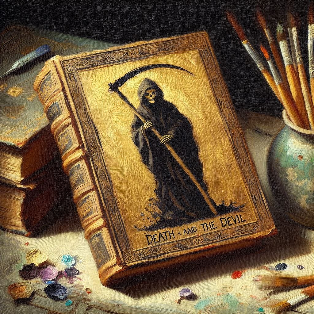 Create a painting of a leatherbound book entitled DEATH AND THE DEVIL, resting upright and partially open on a weathered desk, with a gold foil cover featuring a traditional silhouette of the grim reaper, in the impressionistic style of Claude Monet, using rich, muted tones, diffuse lighting, and wet-on-wet technique. Create a painting of a leatherbound book entitled DEATH AND THE DEVIL, resting upright and partially open on a weathered desk, with a gold foil cover featuring a traditional silhouette of the grim reaper, in the impressionistic style of Claude Monet, using rich, muted tones, diffuse lighting, and wet-on-wet technique.