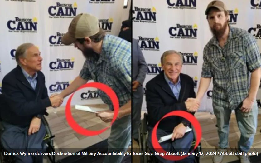 Two photos of Derrick Wynne handing a document to Texas Gov. Greg Abbott, who is in a wheelchair Two photos of Derrick Wynne handing a document to Texas Gov. Greg Abbott, who is in a wheelchair
