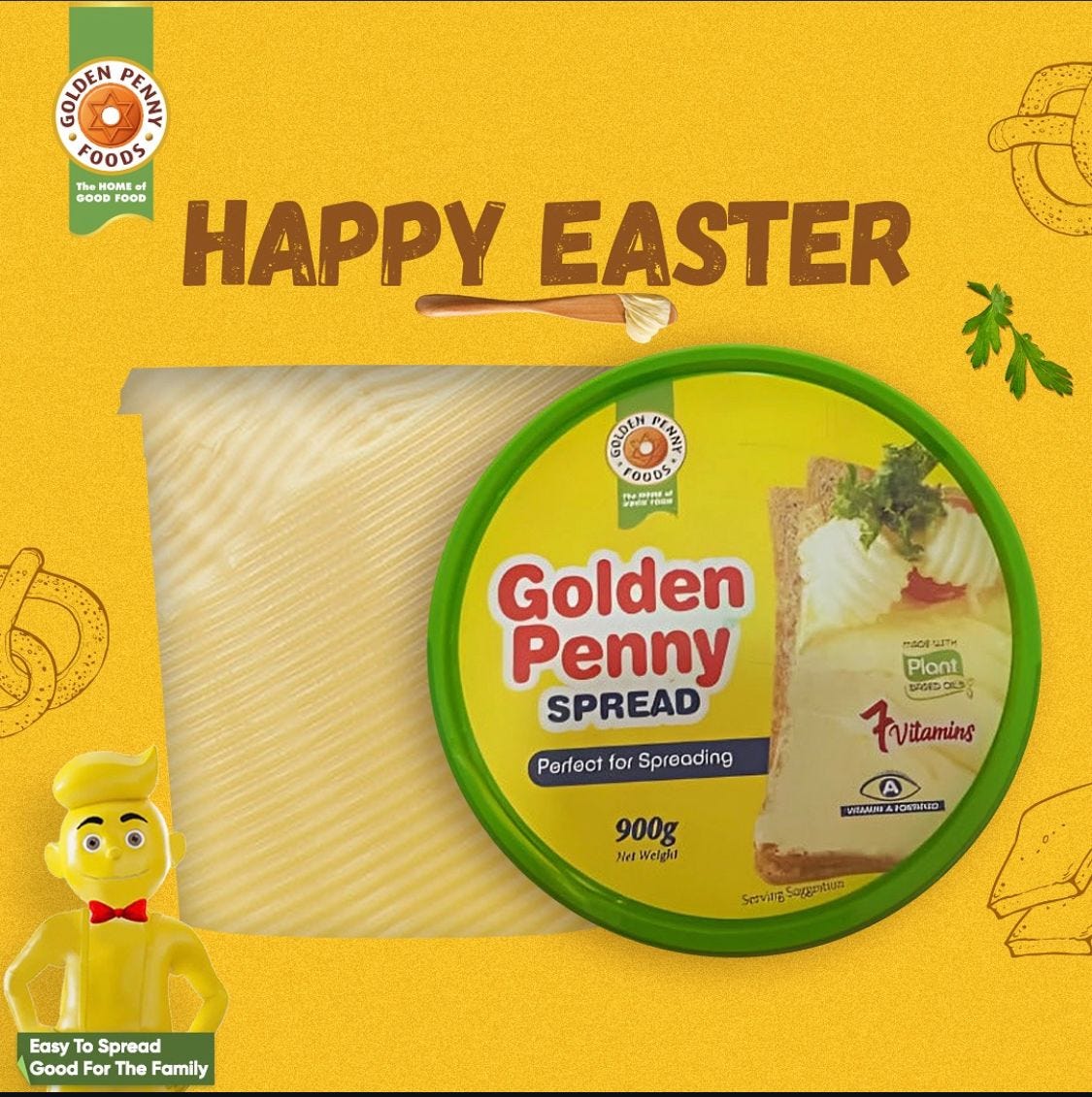 Golden Penny's Easter campaign. The text reads "Happy Easter". There is an image of a round lid from a Golden Penny Spread container. The lid partially covers a square shape with buttery texture