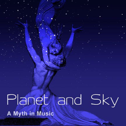 Blue-tinted cover for Planet and Sky: A Myth in Music, adapted from William Blake’s engraving “The Reunion of the Soul and the Body” — two embracing nude figures rise through flames beside a tomb, under a starry night sky. Blue-tinted cover for Planet and Sky: A Myth in Music, adapted from William Blake’s engraving “The Reunion of the Soul and the Body” — two embracing nude figures rise through flames beside a tomb, under a starry night sky.