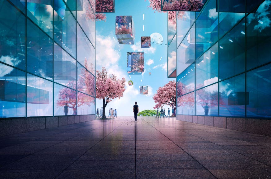 A  man walking between two glass buildings, with cherry blossom trees ahead, and glass cubes floating around overhead