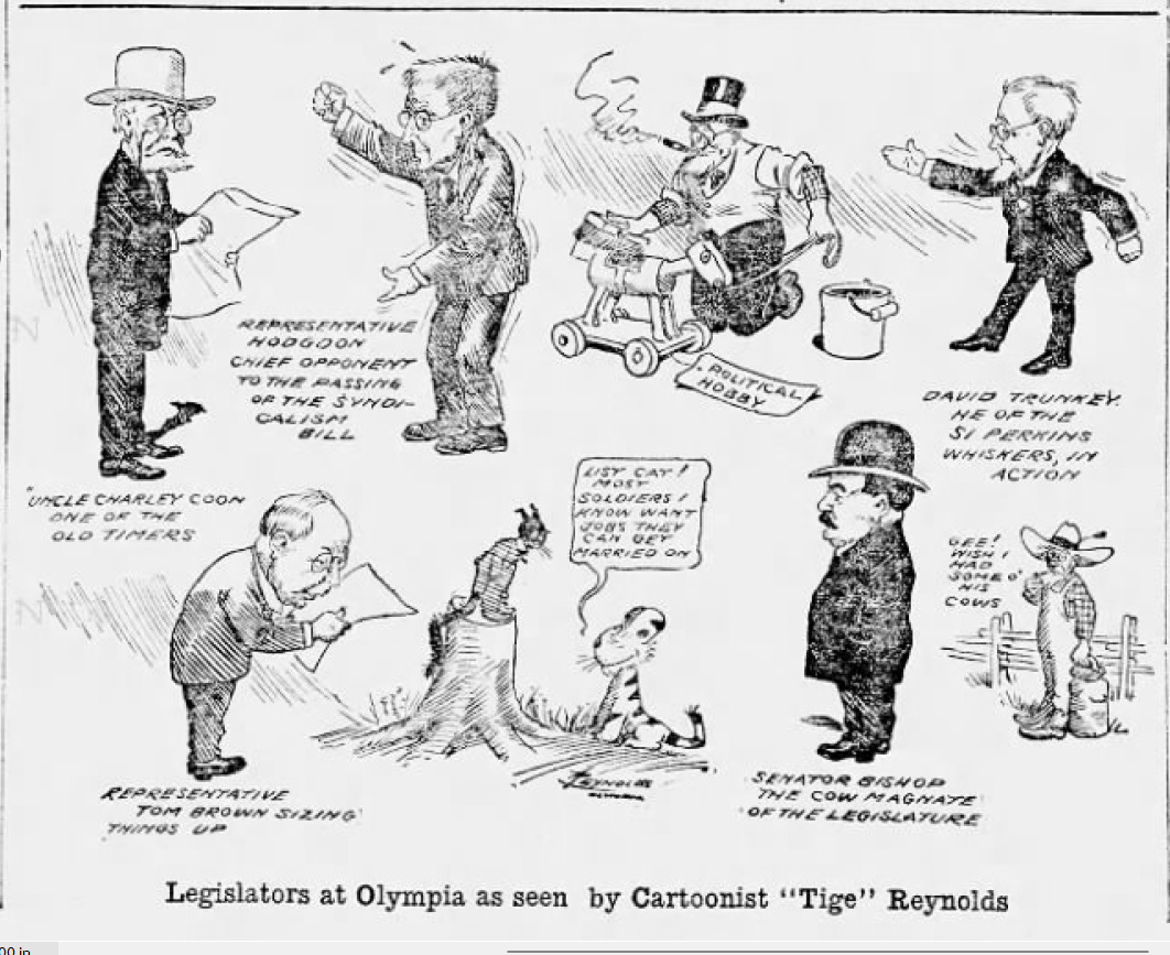 Black-and-white front-page political cartoon from the Tacoma Daily Ledger, published January 15, 1919, depicting members of the Washington Legislature in a series of humorous caricatures by cartoonist "Tige" Reynolds. Charles E. Coon appears as one of the featured legislators. The illustration is captioned, "Legislators at Olympia as seen by Cartoonist 'Tige' Reynolds." Black-and-white front-page political cartoon from the Tacoma Daily Ledger, published January 15, 1919, depicting members of the Washington Legislature in a series of humorous caricatures by cartoonist "Tige" Reynolds. Charles E. Coon appears as one of the featured legislators. The illustration is captioned, "Legislators at Olympia as seen by Cartoonist 'Tige' Reynolds."