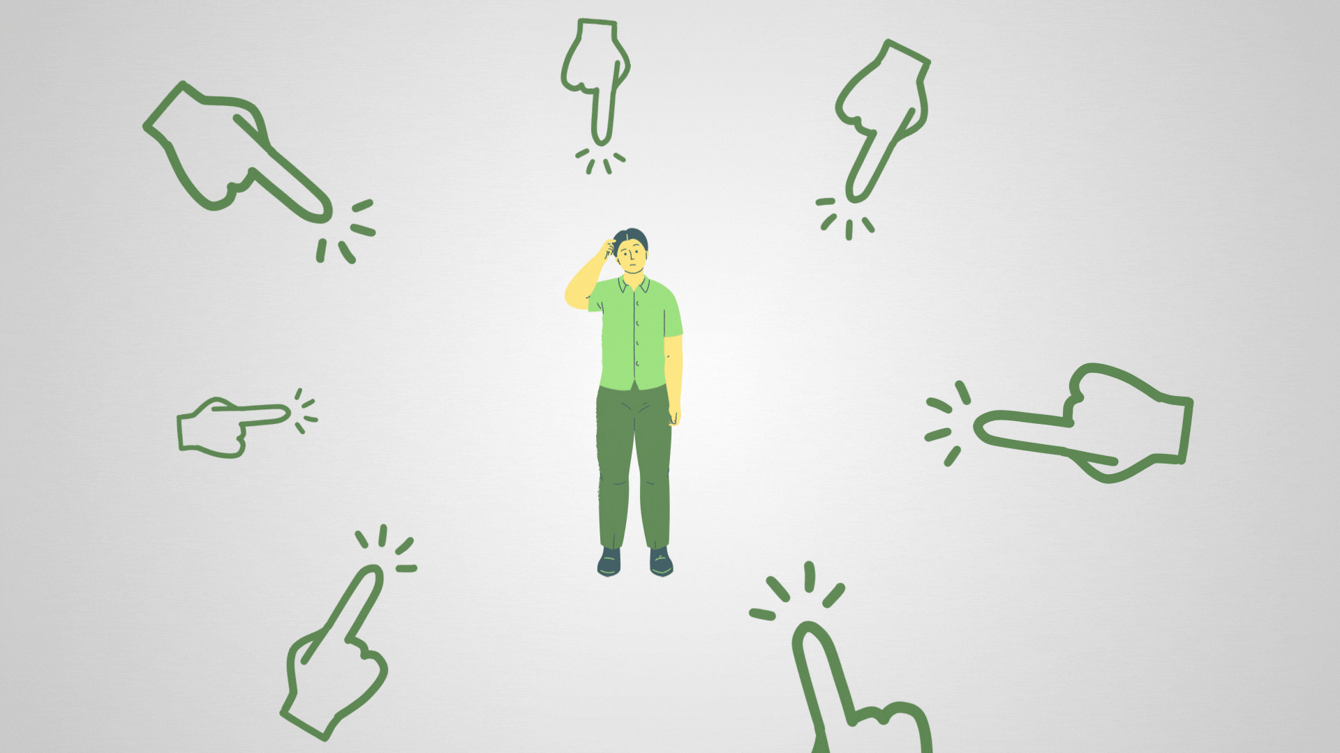 A confused man standing in the middle. All around him green line drawing hands point to him. A symbolic representation of "pointers to myself"