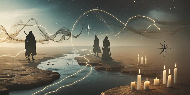 Symbolic landscape showing rivers, constellations, and ancient trade routes with faint figures from different eras — like a Viking, scholar, and noblewoman — dissolving into wind and starlight. A glowing thread weaves through the scene, representing ancestry, DNA, and connection across time.