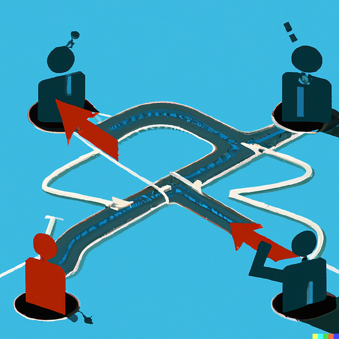 Dall-E output for a prompt to show three converging paths of customer research, consultants, and marketplaces.