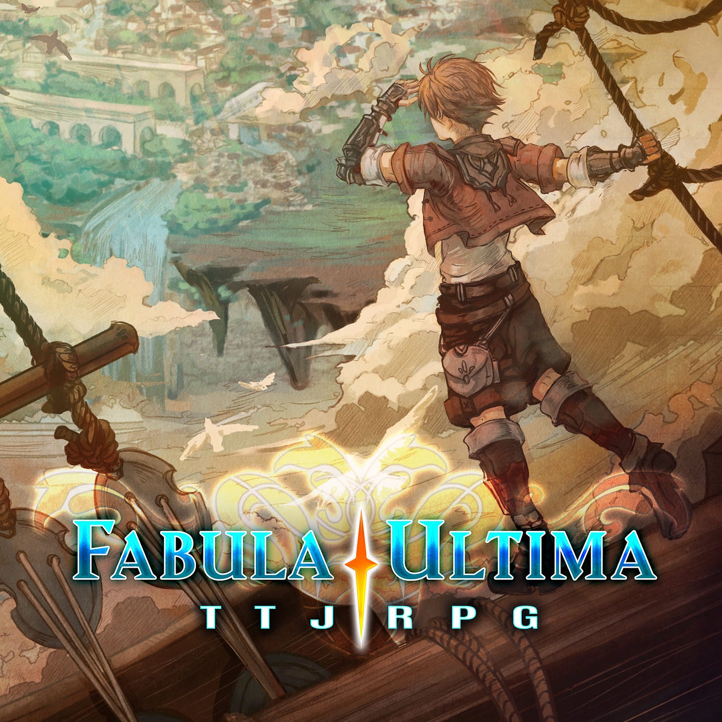 Fabula Ultima TTJRPG promo, featuring a young man on an airship, overlooking a beautiful floating city.
