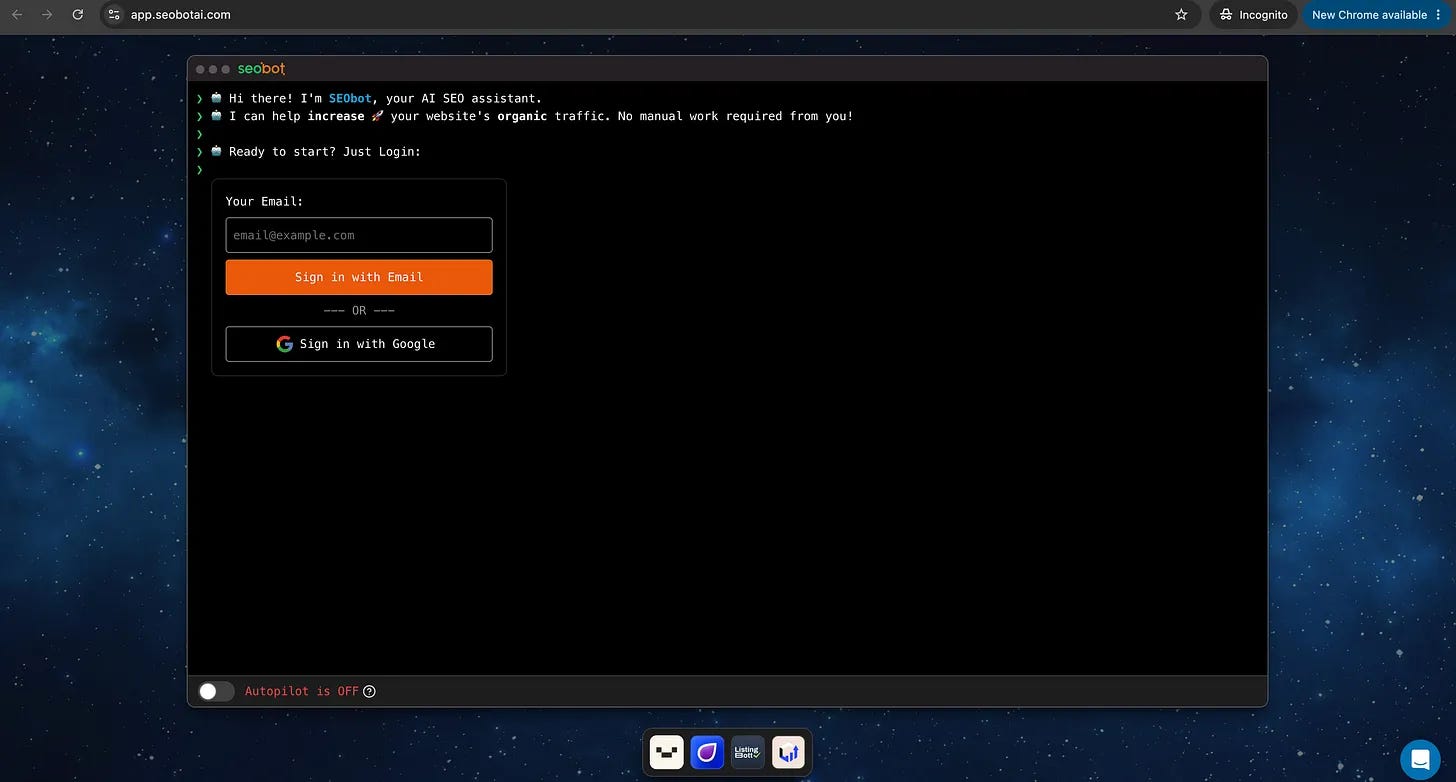 SEOBot AI SEO assistant login screen at app.seobotai.com, the $60K MRR product being reverse engineered SEOBot AI SEO assistant login screen at app.seobotai.com, the $60K MRR product being reverse engineered