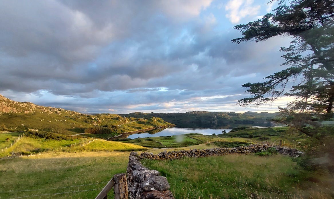 A Scottish loch amid beautiful wild, green scenery.