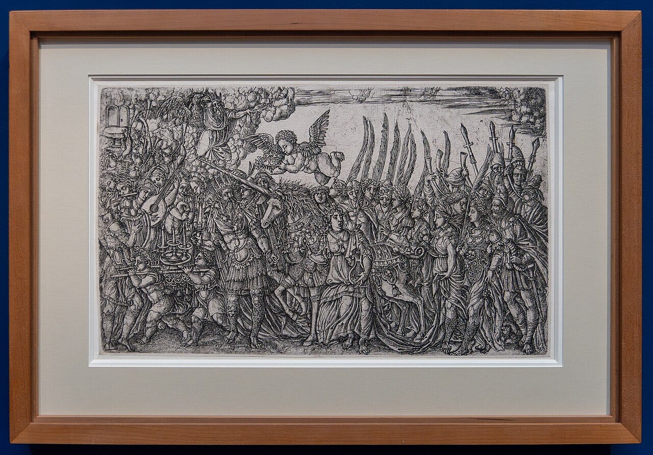 Engraving of a unicorn drawing a triumphal chariot Engraving of a unicorn drawing a triumphal chariot