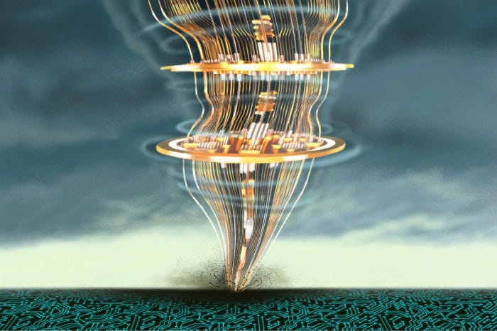 Illustration of a quantum computer's diluting refrigerator shaped like a tornado, connecting to a circuit board below.