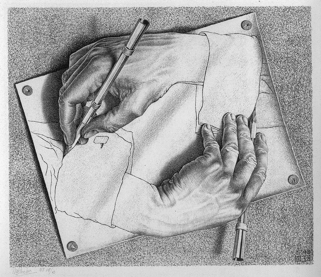 Una foto di Drawing Hands, litografia dell'artista olandese M. C. Escher, stampata per la prima volta nel 1948. Credit: James Wang / Flickr. Licenza: CC BY-NC-ND 2.0. 