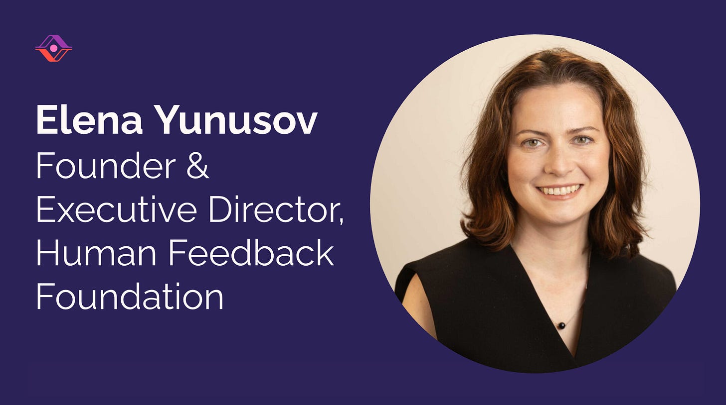 Elena Yunusov, Founder and Executive Director of the Human Feedback Foundation, smiling with shoulder-length brown hair against a dark purple background with Sendfull's logo in the corner.