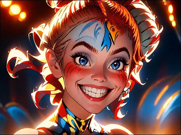 The main singer from Cirque Du Soleil Kurious depicted by the author in Leonardo AI Elements. Animation anime style image which depicts quite accurately the beautiful cheerful energy of the actual performer.