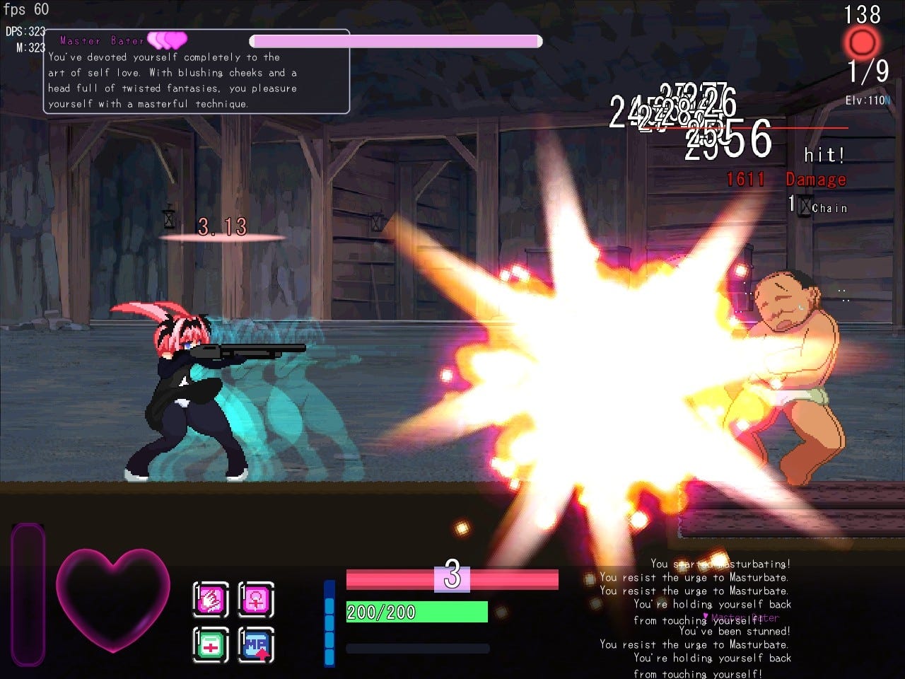 A pink-haired girl shoots a group of half-naked men with a shotgun