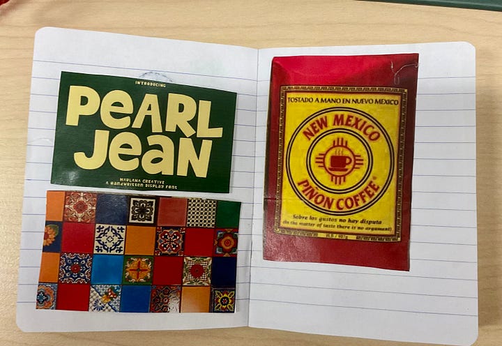 An assortment of scrapbooks of different design elements like colors, patterns, and text with student notes
