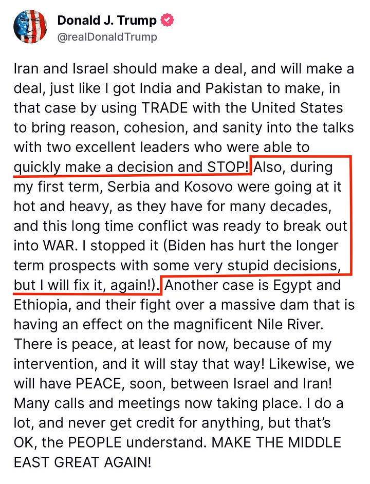Trump claims credit for preventing war between Serbia and Kosovo during his first term, blaming Biden for "very stupid decisions" that he vows to fix it.