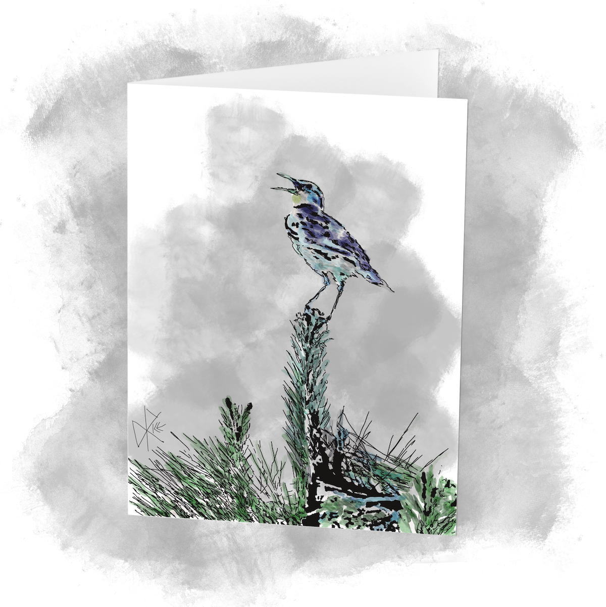 A western meadowlark melodically seeking attention while perched at the very top of a coniferous tree. Sketch art by Don Rice. A western meadowlark melodically seeking attention while perched at the very top of a coniferous tree. Sketch art by Don Rice.
