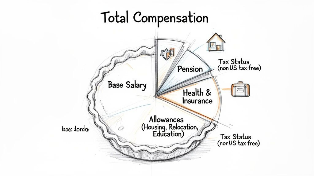 Hand-drawn pie chart illustrating total compensation components like base salary, pension, and allowances.
