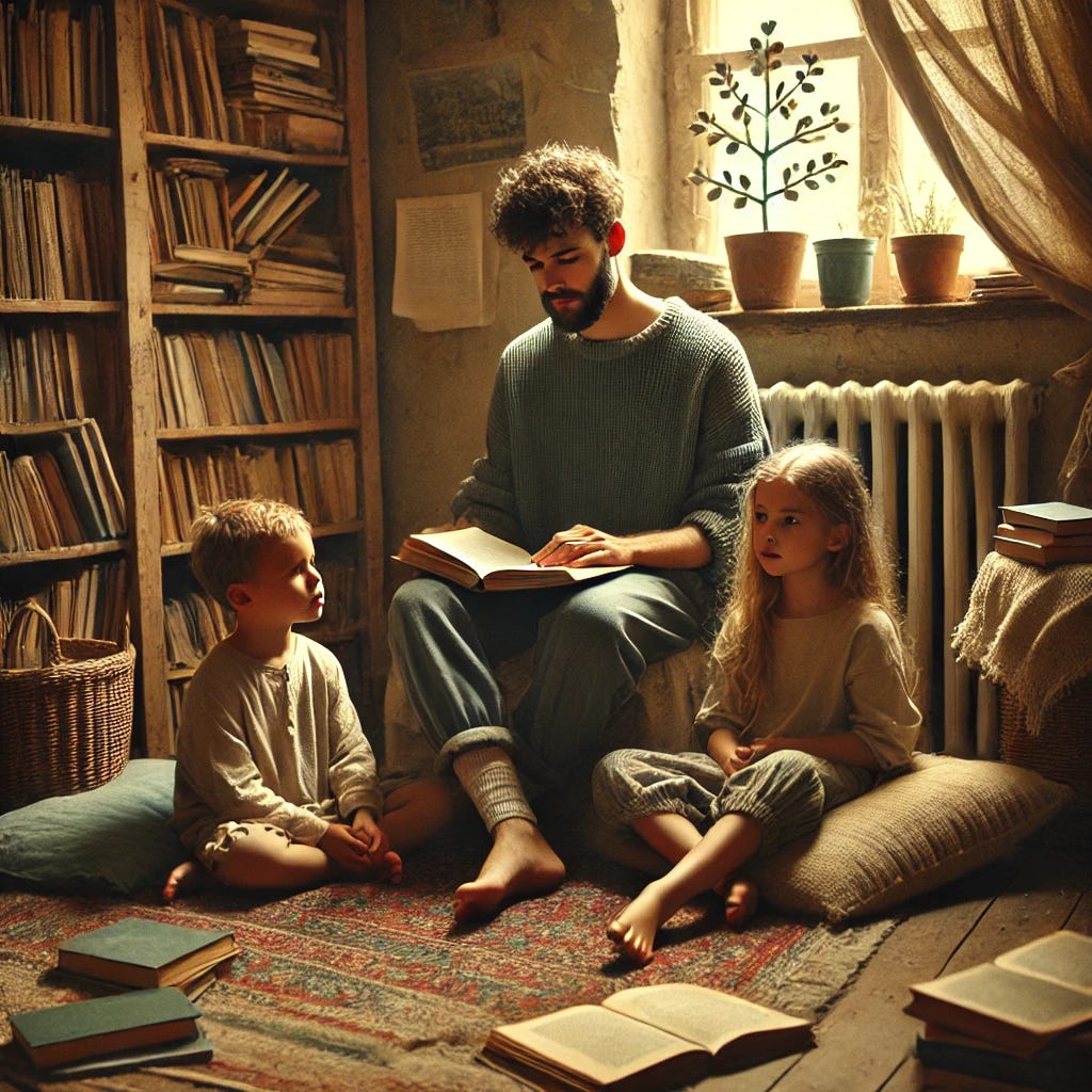 A simple, authentic reading scene featuring people of the same ethnicity. In a cozy, modest reading corner of a small community library or home, one adult and two children of European descent are sitting on mismatched cushions or an old rug. They are surrounded by slightly worn bookshelves filled with books. One child is reading, the other listens attentively as the adult reads aloud. Soft natural light filters through a window. The scene is unpolished and warm, with a few scattered books and a handmade paper tree in the background. No text or signs are visible.