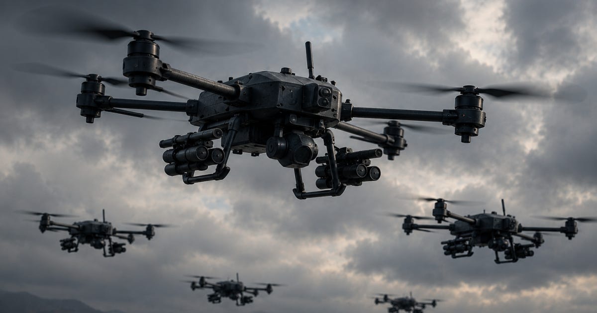 A fleet of advanced military drones flying through a dramatic cloudy sky, showcasing their surveillance and combat capabilities. A fleet of advanced military drones flying through a dramatic cloudy sky, showcasing their surveillance and combat capabilities.