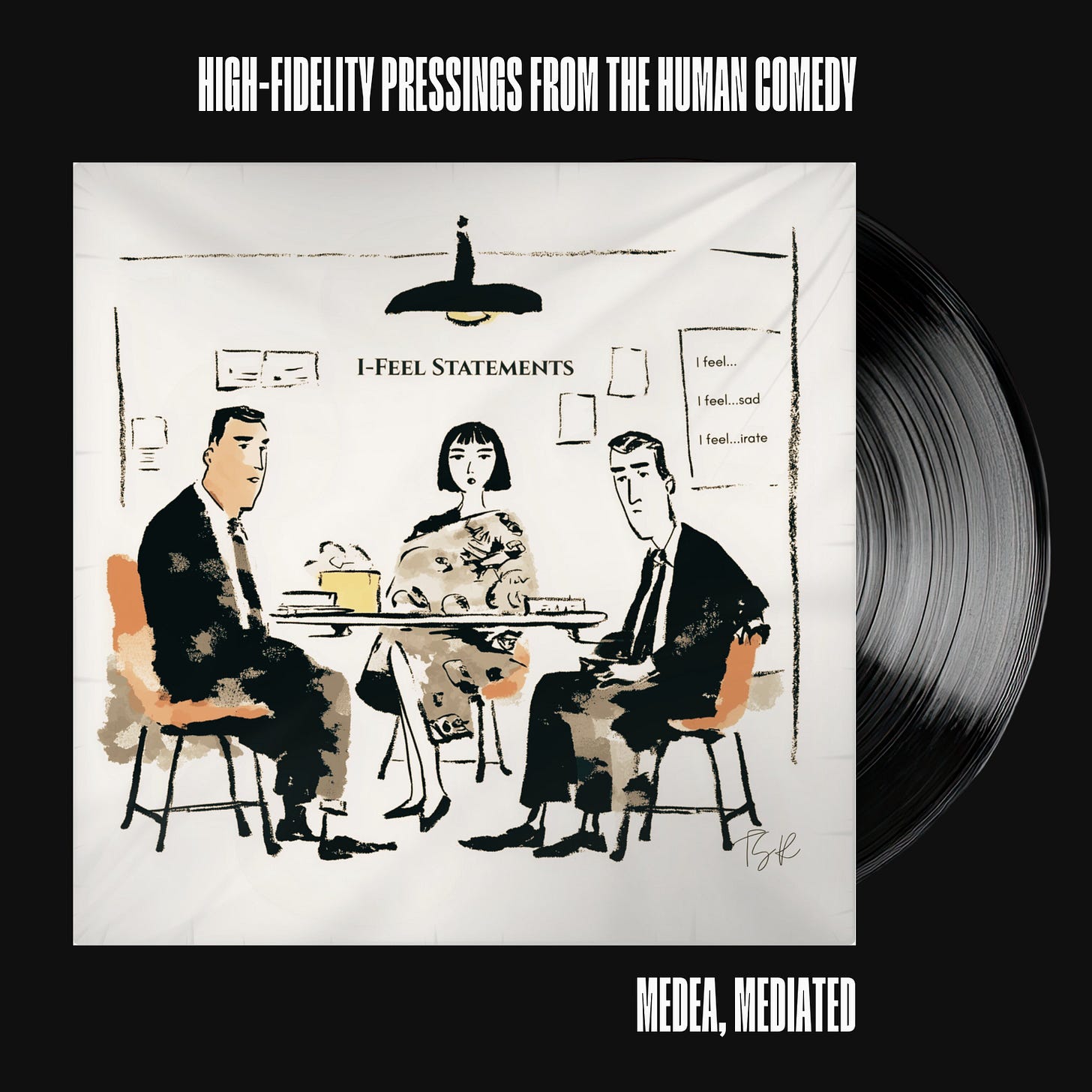 A vinyl record presentation on a black background, topped with white typography reading "HIGH-FIDELITY PRESSINGS FROM THE HUMAN COMEDY." The white sleeve features an ink illustration of Medea, Jason, and a mediator sitting at a table under an "I-FEEL STATEMENTS" sign. A black vinyl record emerges from the right. Below, text reads "MEDEA, MEDIATED."