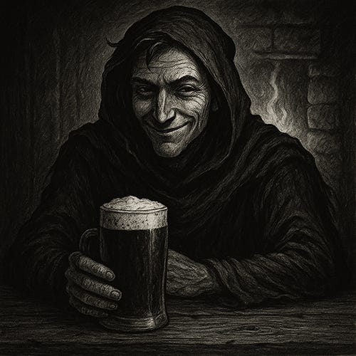 This image shows a hooded figure sitting at a dark wooden tavern table, lit by the faint glow of a hearth behind him. His cloak is deep black, blending with the shadows, and his face is creased in a sly, knowing smile. He grips a large, frothy mug of ale with both hands, as if offering it—or perhaps waiting for someone to drink. His gaze is direct and unsettling, hinting at mischief or hidden knowledge. The atmosphere is moody and bardic, evoking the kind of encounter where riddles are spoken and truths are twisted.