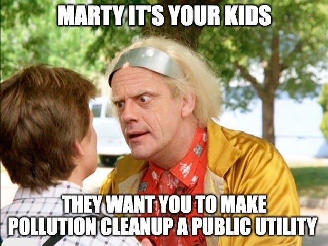 Doc Brown from Back to the Future Part II grabbing Marty, captioned "Marty it's your kids" and "They want you to make pollution cleanup a public utility".