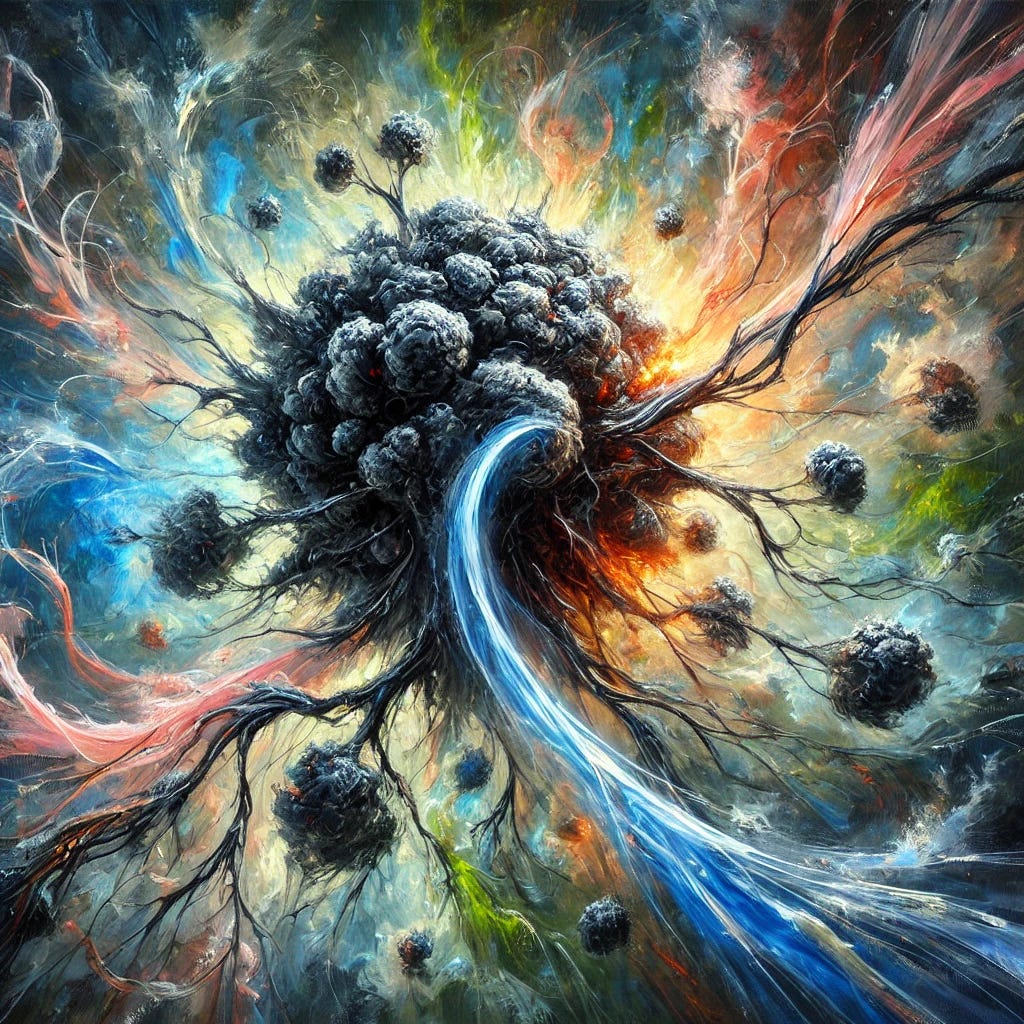 A powerful abstract oil painting visually representing cancer as a survival mechanism. The artwork features a central mass of dark, tangled, and chaotic organic forms, symbolizing cancerous growth responding to toxicity. Surrounding this are vibrant streaks of light and flowing energy in blues and greens, representing detoxification, oxygenation, and the body's healing response. The contrast between the dark and light areas captures the struggle between toxicity and restoration. Expressive brushstrokes convey movement and transformation, emphasizing the body's innate intelligence in adapting to disease. No text, no human figures—pure abstract symbolism.
