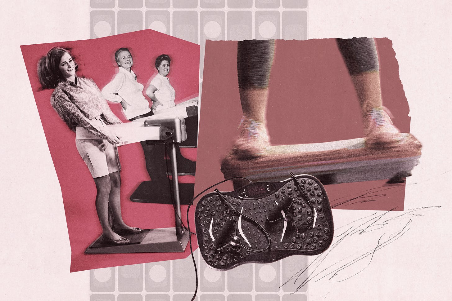 A collage of images of women using vibration plates against a pink backdrop.