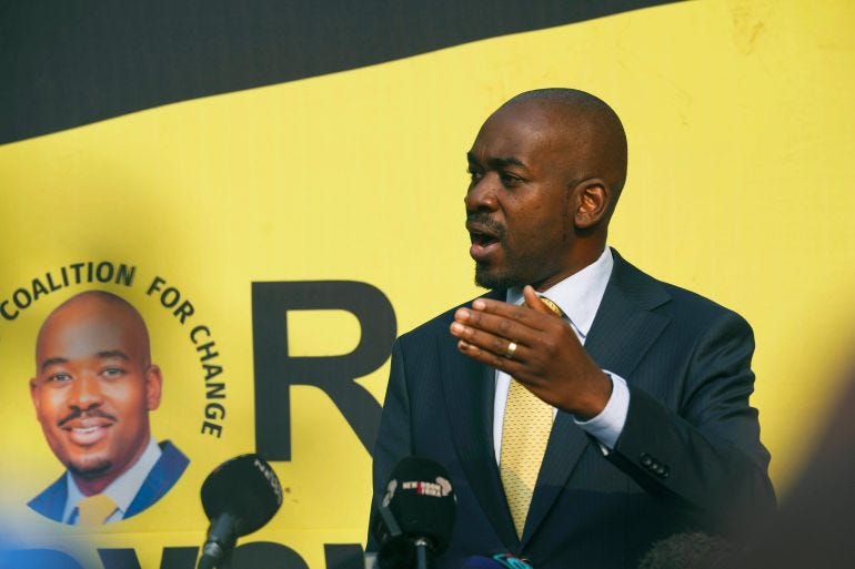 Zimbabwe opposition leader Nelson Chamisa speaking at a press conference in Harare. He is making a point with his left hand, and standing on front of a yellow backdrop. Zimbabwe opposition leader Nelson Chamisa speaking at a press conference in Harare. He is making a point with his left hand, and standing on front of a yellow backdrop.