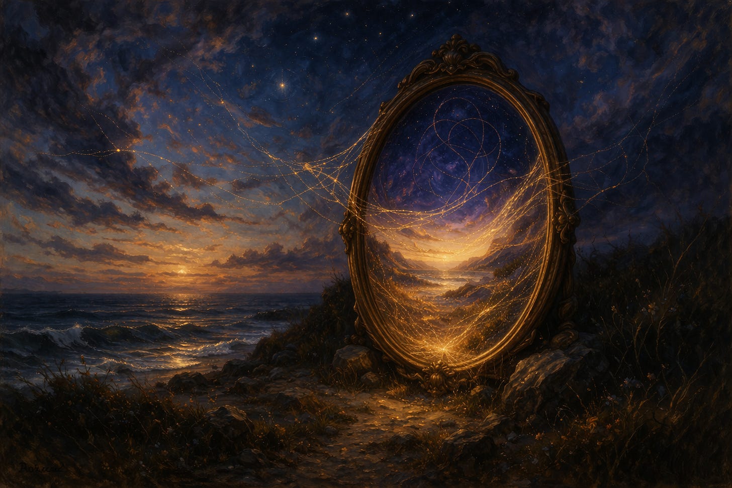 Hand-painted twilight coastal landscape with an ornate mirror standing among rocks and grasses by the sea. Instead of reflecting the outer shore, the mirror reveals a luminous inner world of deep indigo sky, warm horizon light, and flowing golden threads that weave through the reflected scene and spill outward into the surrounding dusk.