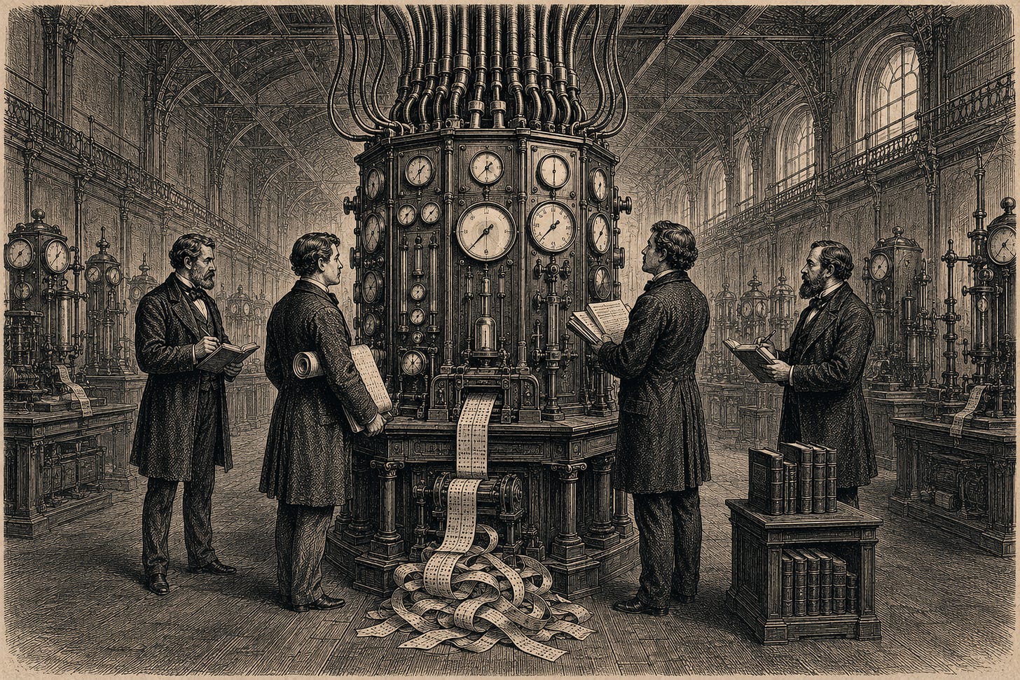 Wood-engraving editorial illustration in the Thomas Nast Harper's Weekly style for Attention Capital's essay The Pipes Aren't Built Yet. An immense Victorian-era observatory chamber houses a multi-faceted measurement apparatus at its center, with dials, registering wheels, a tickertape spool, and pneumatic tubes tracking behavioral data continuously. Four formally dressed analysts stand around the apparatus, each observing a different facet representing creators, athletes, library catalogs, and brand-as-media. The image visualizes the essay's argument that the cash flow underneath attention-backed credit is documented at a granularity music never achieved, anchoring layer one of the five-layer institutionalization model. Keywords: platform analytics, YouTube Analytics, Spotify for Artists, behavioral cash flow, attention quality data, creator economy, attention-backed credit. Wood-engraving editorial illustration in the Thomas Nast Harper's Weekly style for Attention Capital's essay The Pipes Aren't Built Yet. An immense Victorian-era observatory chamber houses a multi-faceted measurement apparatus at its center, with dials, registering wheels, a tickertape spool, and pneumatic tubes tracking behavioral data continuously. Four formally dressed analysts stand around the apparatus, each observing a different facet representing creators, athletes, library catalogs, and brand-as-media. The image visualizes the essay's argument that the cash flow underneath attention-backed credit is documented at a granularity music never achieved, anchoring layer one of the five-layer institutionalization model. Keywords: platform analytics, YouTube Analytics, Spotify for Artists, behavioral cash flow, attention quality data, creator economy, attention-backed credit.
