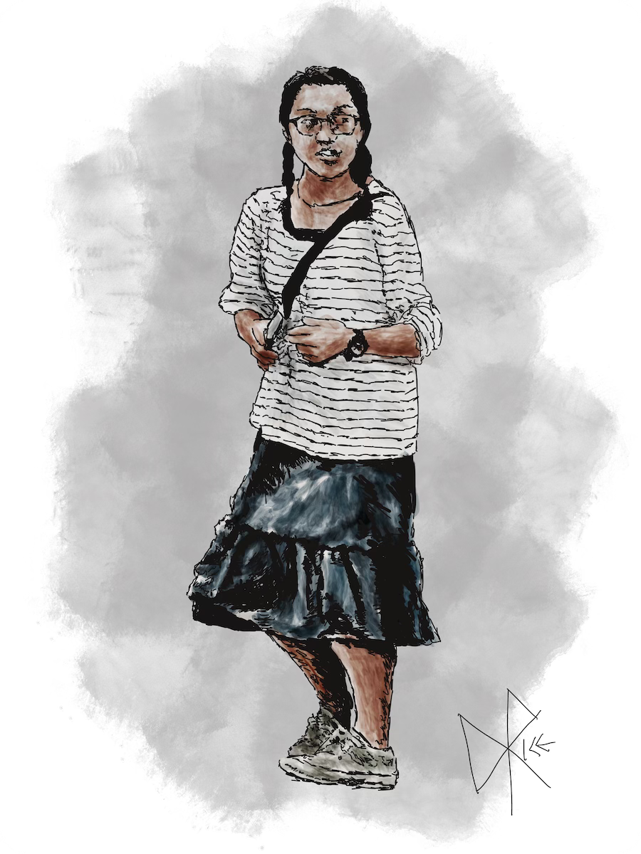 A girl with glasses and her hair in pigtails waiting at a bus stop. Sketch art by Don Rice. A girl with glasses and her hair in pigtails waiting at a bus stop. Sketch art by Don Rice.