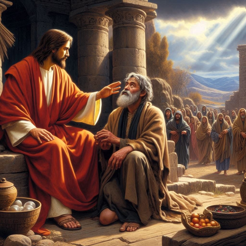 Jesus curing the blind beggar in Luke 18 outside of Jericho