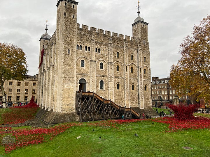 Clockwise from top left: The Tower of London; inside the 'Dress Codes' exhibition at Kensington Palace; two Fife tiaras on display at Kensington Palace; the White Tower at the Tower of London with its display of ceramic poppies for the 80th anniversary of the end of the Second World War