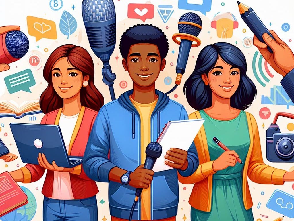 3 young journalists, 2 female with male inbetween, they are brightly dressed and smiling.  one has a laptop, another a notebook and microphone and the other is holding a pencil.  they are surrounded by cameras, pencils of different sizes, microphones , headphones and even a cassette tape!
