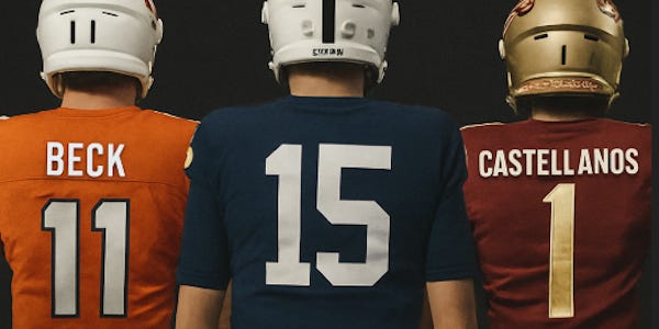 Back view of three college football quarterbacks: Carson Beck #11 in orange, Drew Allar #15 in navy, and Thomas Castellanos #1 in garnet. Symbolic of 2025 redemption season storylines. 