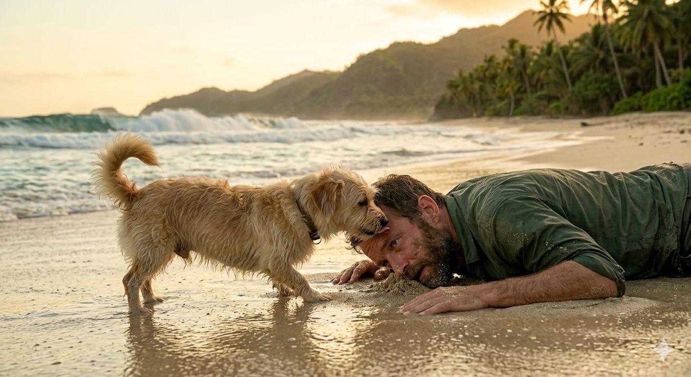 A man lies exhausted face-down on a sandy beach, his beard touching the wet sand, as a small, light brown Tahitian dog with a curly tail gently licks his face. The ocean waves crash in the background under a soft, golden sky.