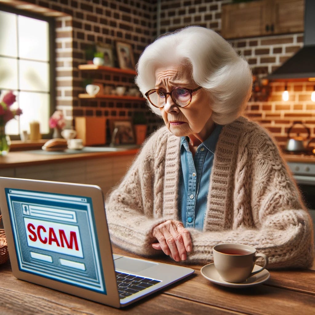 An elderly lady with white hair, wearing glasses and a cozy sweater, sitting at a kitchen table, looking distressed and worried. In front of her is a laptop displaying a scam message. The background shows a warm, homely kitchen setting with a cup of tea, a vase of flowers, and family photos on the wall. The elderly lady appears to be in shock, realizing she has been scammed.