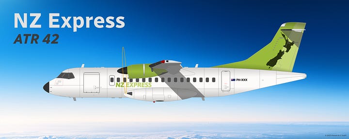 Two Avions de Transport Régional (ATR) aircraft the ATR 42 (L) and ATR 72 (R) - seen in their respective 1971-2007 and 2007-present "Kiwi" liveries, all displayed in side view while in midflight. Both types have been part of the NZ Express fleet since the early 1990s.