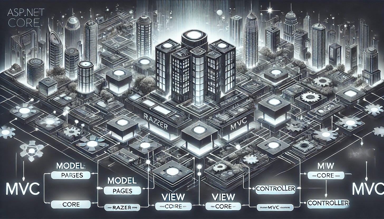 ASP.NET Core comparison of Razor Pages vs MVC with tech cityscape, central hub, and labeled components.