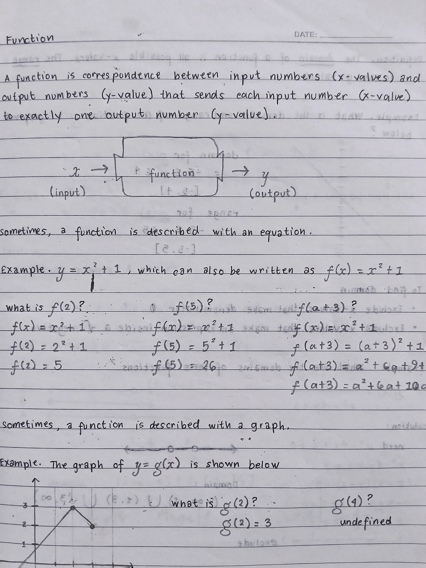 Handwritten notes explaining the concept of functions in mathematics with definitions, examples, and calculations.