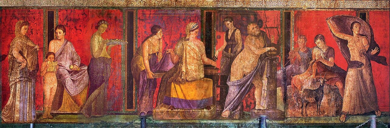 Roman figures in a ritual against a deep red wall Roman figures in a ritual against a deep red wall