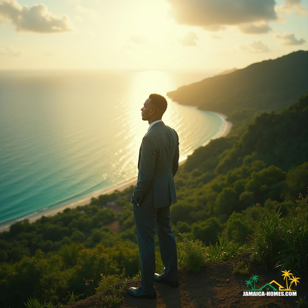 Ethereal Caribbean landscape of Jamaica, a breathtaking vista of lush green hills and turquoise waters, serves as the backdrop for a poignant moment in the midst of a home buying transaction, where the weight of liquidated damages hangs in the balance, a contemplative figure stands at the forefront, lost in thought, dressed in a crisp, elegant attire, as the warm, golden light of the Jamaican sun casts a sense of unease, reminiscent of the works of Terrence Malick, Denis Villeneuve, and Alejandro González Iñárritu